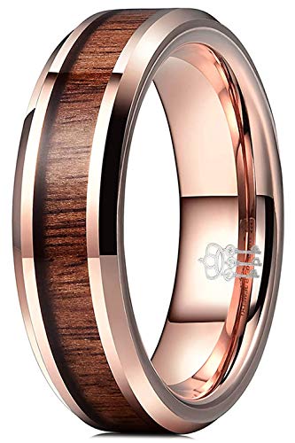 THREE KEYS JEWELRY 6mm Tungsten Wedding Ring with Koa Wood Inlay Rose Gold Flat Wedding Band Engagement Ring Comfort Fit Size 7