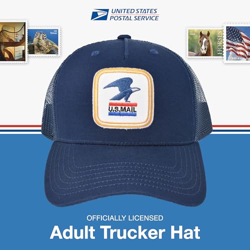 U.S. Mail Trucker Hat, USPS Eagle Embroidered Logo Adjustable Adult Snapback Cap with Curved Brim, Navy Blue, One Size