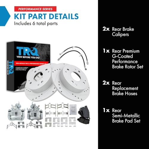 Image of TRQ Performance Rear Brake Pad and Rotor Set Semi Metallic Drilled Slotted Calipers Compatible with 1998-2002 Honda Accord