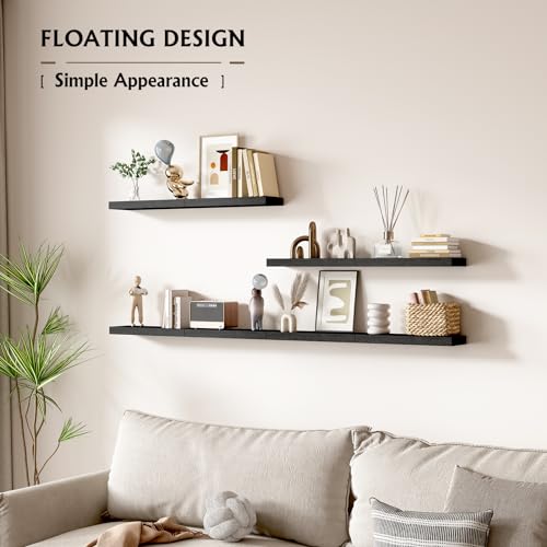 BOFIRE Floating Shelves, Wall Mounted Rustic Wood Shelves for Bathroom, Bedroom, Living Room, Kitchen, Small Hanging Shelf for Books/Storage/Room Decor (Black, 17 Inch)