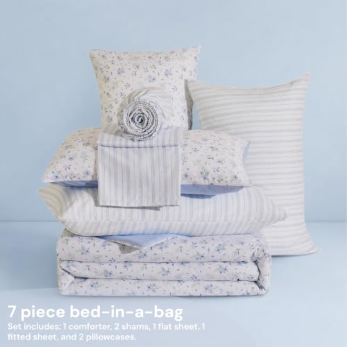Image of BLOOMHAVEN Full Size Comforter Set for Girls, 7 Pieces Blue Mist Floral Bedding Set, All Seasons Kids Bed in a Bag with Sheets, Pillowcases & Shams