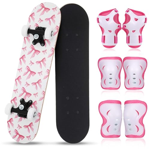 Honoson 7 Pcs Skateboard for Toddlers Beginners Knee Elbow Pads Wrist Guards Gear Set(Pink Bow Age 6-10 Kids 24 x 6)