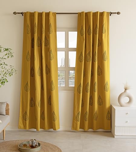 Image of THE LINEN COMPANY Cotton Duck Canvas Curtains 6 Feet Long, Printed Leaf Curtains for Door & Window, 6ft Set of 2, Blue Leaf on Mustard