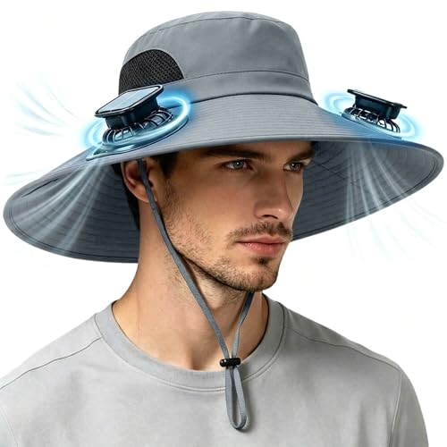 Solar Powered Fan Hat for Men Women Wide Brim Hat with 2 Fans UPF 50+ Outdoor Fishing Beach Sun Hat Dark Gray
