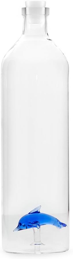 Balvi Atlantis Dolphin Glass Water Bottle with Blue Dolphin Figurine Inside, 1.2L Borosilicate Glass, Includes Silicone Stopper – Botella de Vidrio con Delfín Azul