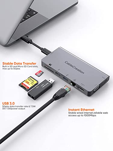Image of USB C Hub Multiport Adapter with Detachable USB-C Cable,CableCreation 9-in-1 Type C Dock to 4K HDMI, VGA, Ethernet, 2 USB 3.0, SD /Micro SD and 100W PD Work for MacBook Pro /Air 2020, iPad Pro 2018