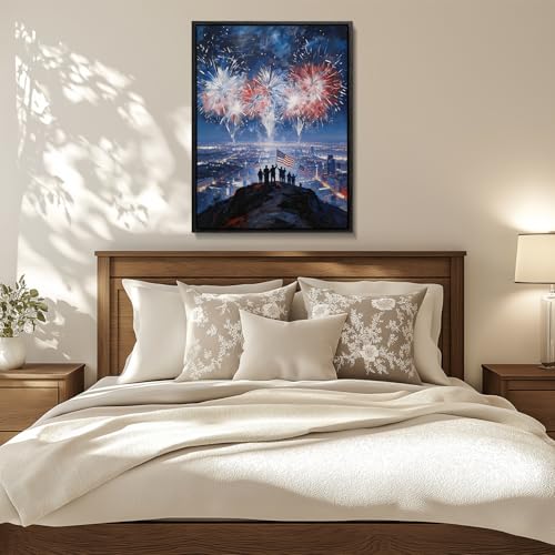Image of American Flag Framed Canvas Wall Art, 4th of July Red White Blue Canvas Prints, Fireworks City View Patriotic Decorations, Modern Independence Day Wall Decor for Bedroom Living Room Office 16x20