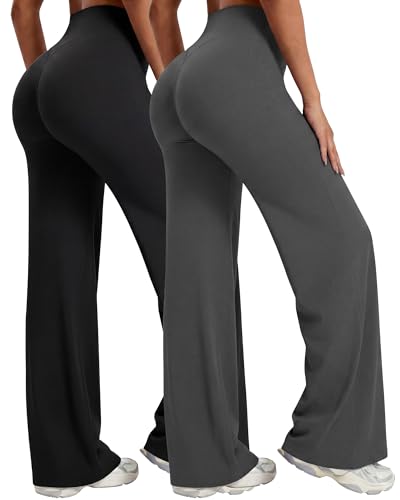Image of Coume 2 Pack Women Workout Leggings Straight Wide Leg No Front Seam Yoga Gym Pants High Waist Buttery Soft Stretch Leggings