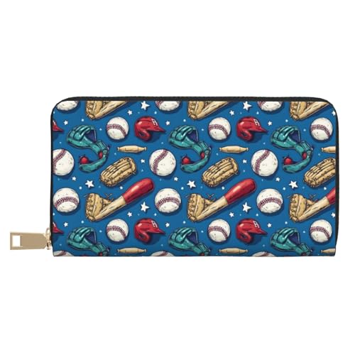 Leather Thin Slim Wallets for Women & Men - Baseball Blue Print Card Wallet Holder with Zipper