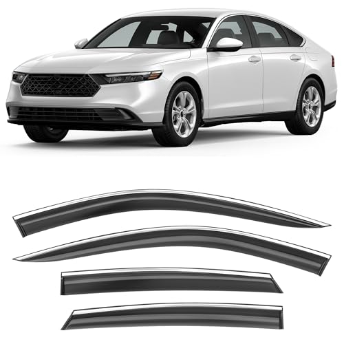 Image of Shatterproof Taped-On Window Deflectors for Honda Accord 2023-2026 with Chrome Trim, Rain Guards, Window Visors for Car, Vent Deflector, 4pcs