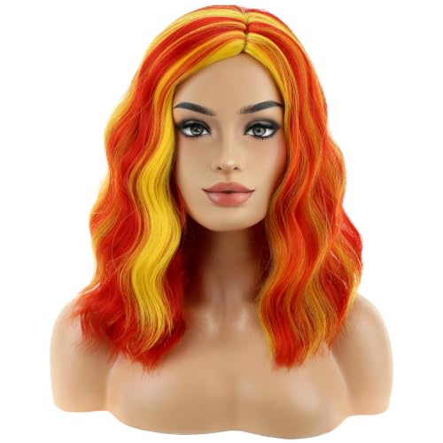 Image of BERON Red and Yellow Short Curly Wavy Women Wig Red Mixed Golden Side Part Wigs Flag Heat Resistant Synthetic Wig Halloween Cosplay Costume Party Wigs