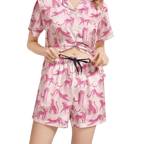 Image of Funny Pajamas for Women Set Print Satin Loungewear Pjs Short Sleeve Button Down Top and Shorts Sets Sleepwear XS-3XL