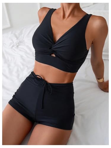 SweatyRocks Women's 2 Piece Swimsuit Ruched Twist Ruched Bikini Set Drawstring Shorts Bathing Suit3