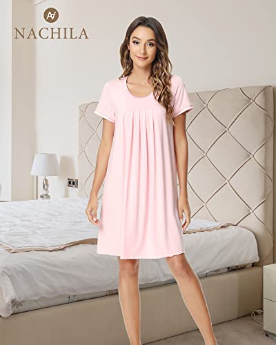 Nachila Womens Bamboo Nightgown Soft Short Sleeve Sleepwear Pleated Crew-Neck Nightshirt Comfy Sleep Shirt Pink M #TOP5
