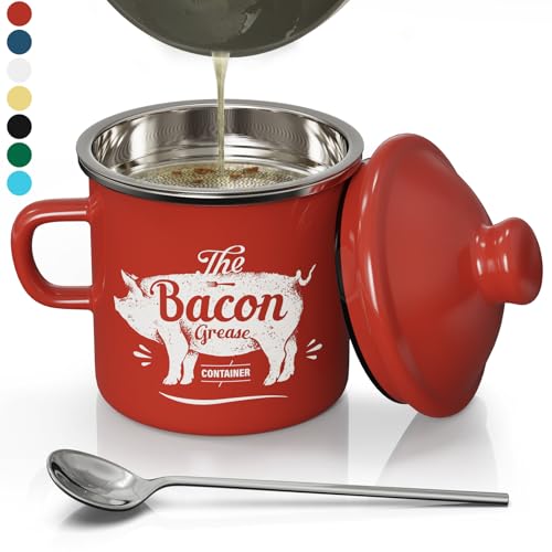 Comparison: Best Bacon Grease Container 10 PGYARD Mini Bacon Grease Container With Strainer - 15OZ Enamel Grease Saver, Farmhouse Bacon Grease Keeper For Kitchen Fat Storage, Dishwasher Safe-Red