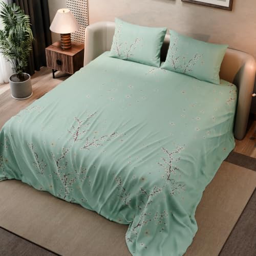 Image of BLISSHOME SoftTouch 140TC Cotton King Size Printed Bedsheet with 2 Pillow Covers for Double Bed, Silky Smooth Bedding Set, Breathable, Easy Maintain, Floral Print - Green, Ivory