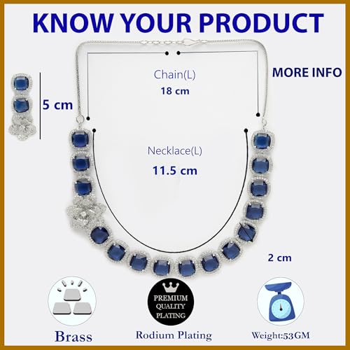 Image of ZENEME Jewellery Set Classic Style Rhodium Plated AD /American Diamond Studded Silver Plated Bejeweled Rose Necklace Jewellery Set for Women & Girls