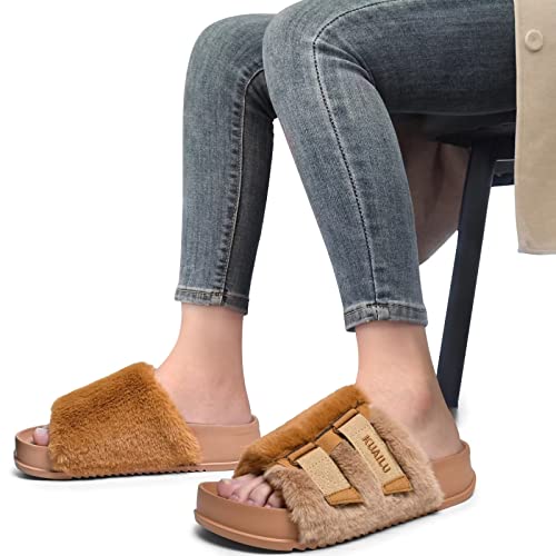 Kuailu Womens Slides Soft Cushion Faux Fur Sandals For Women Open Toe House Slipper With Arch Support Ladies Slip On Fuzzy Platform Slipper Indoor Outdoor,Khaki Size 6 #TOP3