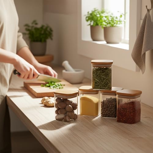 Image of Airtight Square Glass Storage Jar with Bamboo Lid 220ML Pack of 12 | Borosilicate Multipurpose Kitchen Container for Coffee, Tea, Sugar, Masala, Spices & Dry Fruits | Transparent Pantry Organizer