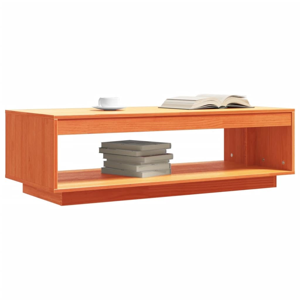 Mesa de centro marrón cera, madera de pino maciza, 110 x 50 x 33,5 cm, con estante y espacio de almacenamiento, moderna mesa de sofá para salón y sala de estar