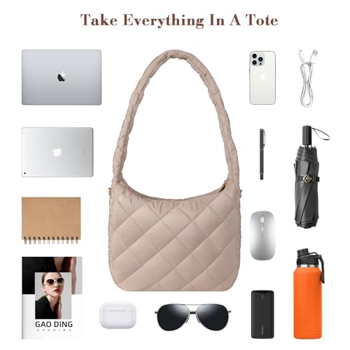 Image of MoKo Puffer Tote Bag with Detachable Strap Small Puffy Crossbody Shoulder Bag, Lightweight Soft Quilted Padding Hobo Bag with Multiple Pockets up to 11inch iPad /Tablets, Coffee