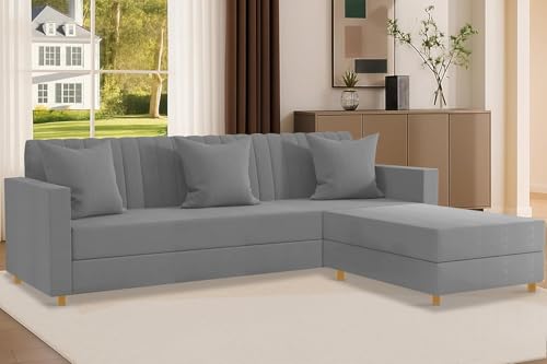 Image of Rosebell 3 + 1 Wooden L Shape Four Seater Sofa Set for Living Room Furniture Set| Velvet Upholstery Sectional Couch & Compact Living Spaces & Office-Grey