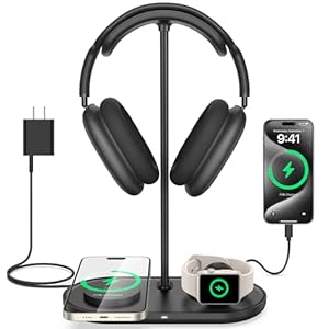 TopMade Headphone Stand for Desk with Wireless Charger & USB Charger for iPhone/AirPods/iWatch/Samsung, 5-in-1 Universal Desktop Headset Stand for AirPods Max, Bose, Beats and More, Black