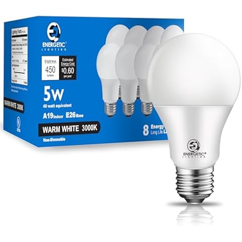 E ENERGETIC LIGHTING 40W Equivalent A19 LED Light Bulb, Warm White 3000K, E26 Standard Base, UL Listed, 5W 450lm Non-Dimmable LED Light Bulb, 8 Packs Cover