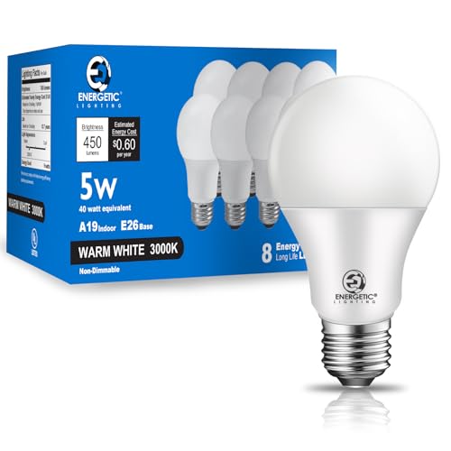 E ENERGETIC LIGHTING 40W Equivalent A19 LED Light Bulb, Warm White 3000K, E26 Standard Base, ETL Listed, 5W 450lm Non-Dimmable LED Light Bulb, 8 Packs