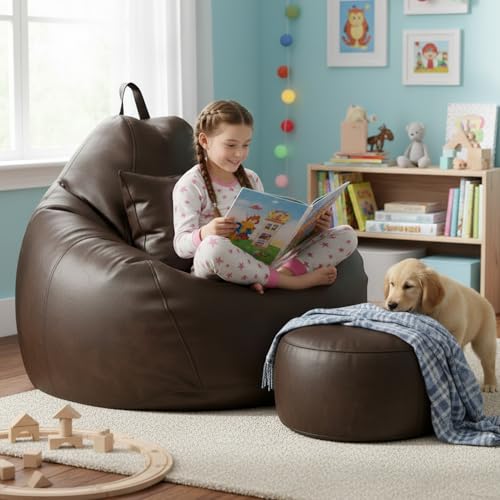 Image of KAM'S LIEU 6XL Luxury Faux Leather Bean Bag with Footrest & Cushion | Pre-Filled High-Density Polystyrene Beans | Premium Leatherette |Teardrop Handle Design | 6 Months Warranty Color- Brown