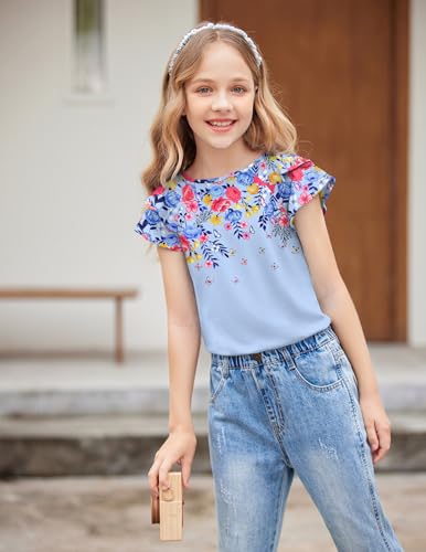 Image of Girls T Shirts Ruffle Short Sleeve Round Neck Loose Blouse Summer Solid Color Casual Girl Tee Tops for 3-12 Years