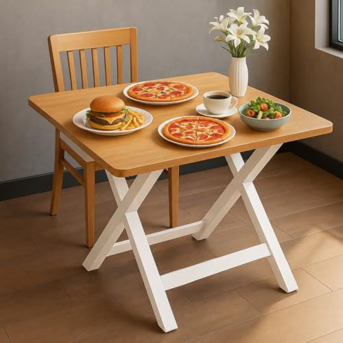 Image of Multi-Purpose Portable & Foldable Wooden Dining Table Desk for Living Room | Bed Room | Made with Engineered Plywood top and Powder Coated Finish for Home & Office (Yellow Board with white metal)