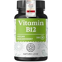 Nature Love Vitamin B12-180 Tabletten - 500 µg pro Tablette - Beide aktiven Formen (Adenosyl- & Methylcobalamin) & Depotform - Ohne synthetische Zusätze, hochdosiert, vegan, laborgeprüft