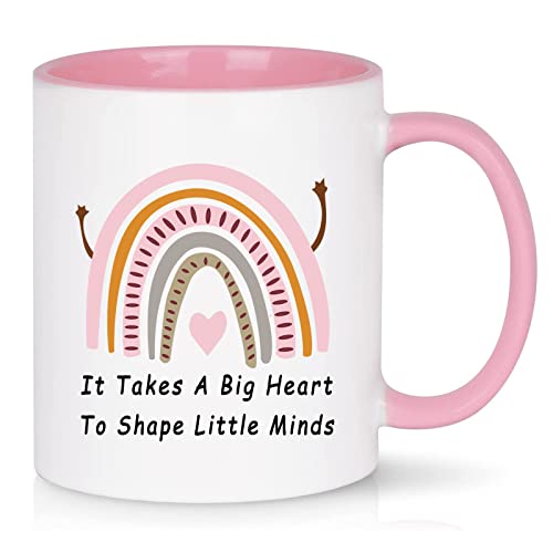 WENSSY Tazza da caffè con scritta "It Takes a Big Heart to Shape Little Minds", regalo di Natale per insegnanti, 325 ml, rosa