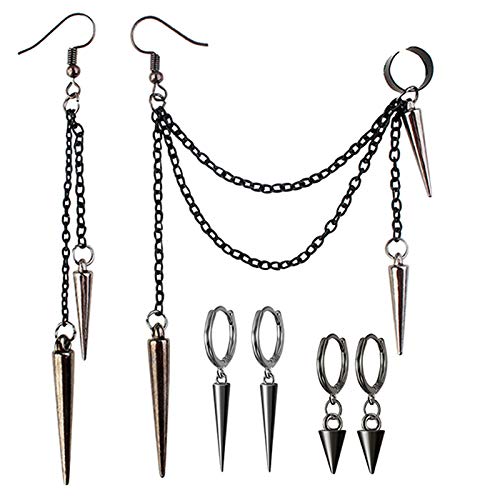 ANDPAI 3 Pairs Unique Long Chain Ear Cuff Earrings Personalized Lightweight Black Silver 316L Stainless Steel Punk Vintage Barrel Nails Crawler Climer Dangle Drop Earrings Sets for Men Women (Black)