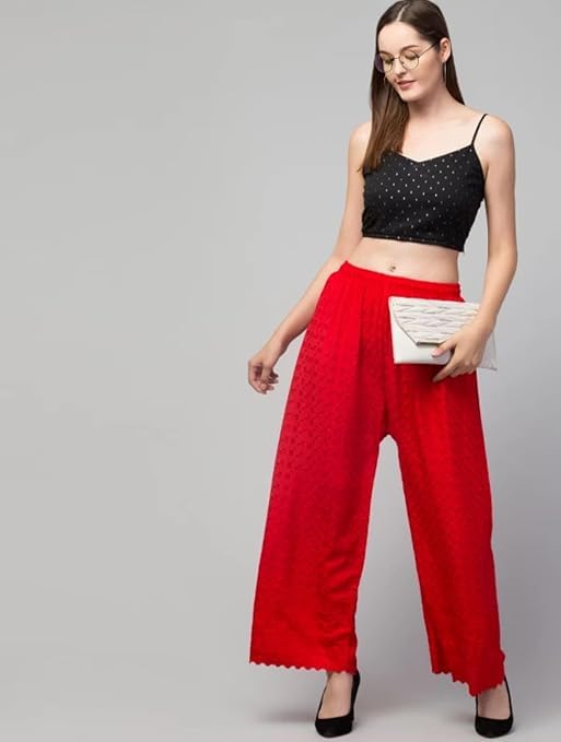 Image of Women's Palazzo Pants Rayon Trousers Chikankari Embroidered Lace Trim Wide Leg Straight Fit Flared Palazzo for Girls & Women