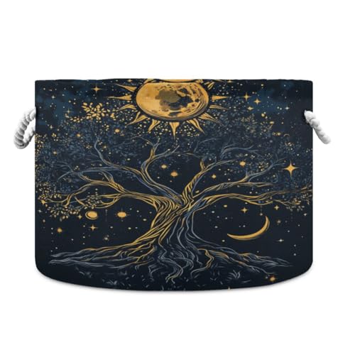 Round Storage Basket Tree Of Life with Sun Moon Stars Open Home Storage Bin 20 * 13.9in