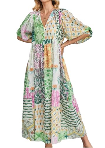 Image of CHARTOU Women Boho Floral Printed Long Dress Summer Lantern Half Sleeve Beach Flowy Loose Swing Chiffon Sundress
