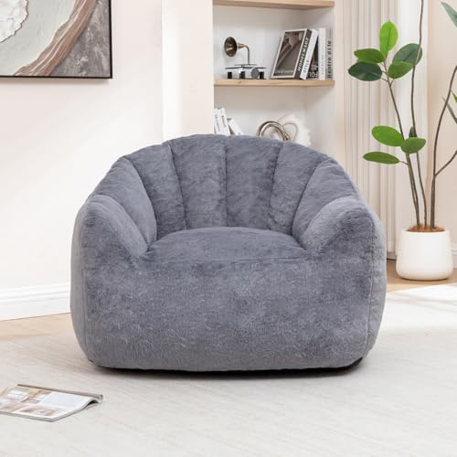 Image of Bean Bag Chair with Arms for Adults - Furry Lazy Sofa, Armrests Stuffed High-Density Foam Filler Chair, Small Cozy Reading in Bedroom Living Room and Dorms (Grey)