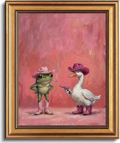 Image of Gold Framed 3D Textured Wall Art, Funny Pink Cowboy Frog and Duck Canvas Prints, Quirky Dopamine Western Animal Pictures Decor, Eclectic Cowgirl Artwork for Bathroom Dorm Bedroom 16x24inch