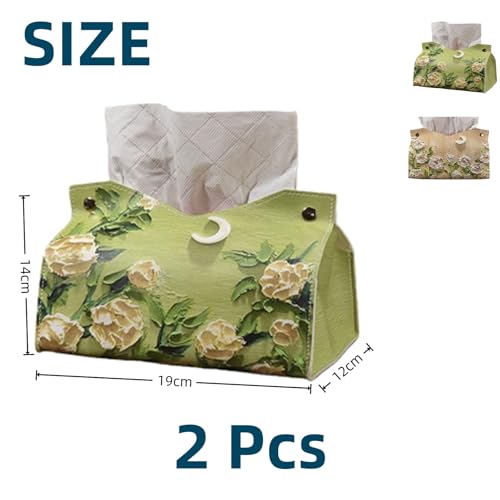 Hochwertige Taschentuchbox aus Kunstleder im Retro-Ölgemälde-Stil – 2er-Set – Elegante & praktische Tissue-Box für handelsübliche Kosmetiktücher – Marke: Sumneo (Bergtee-Blumenserie)