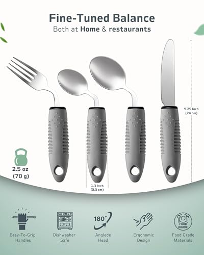 BaseSmall 4-Piece Adaptive Utensils Set - 42° Angled Parkinsons Utensils, 2.5 oz Weighted Utensils for Hand Tremors and Parkinsons Patients, Weighted Silverware for Hand Tremors (Grey: Right-Handed)