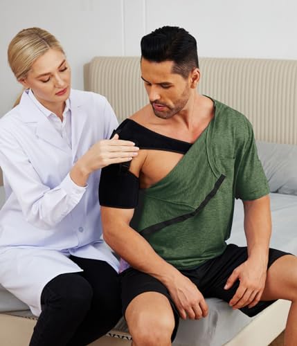 Deyeek Men's Post Shoulder Surgery Shirts Recovery Tear Away Short Sleeve Full Open Side Snap Access Chemo Clothing