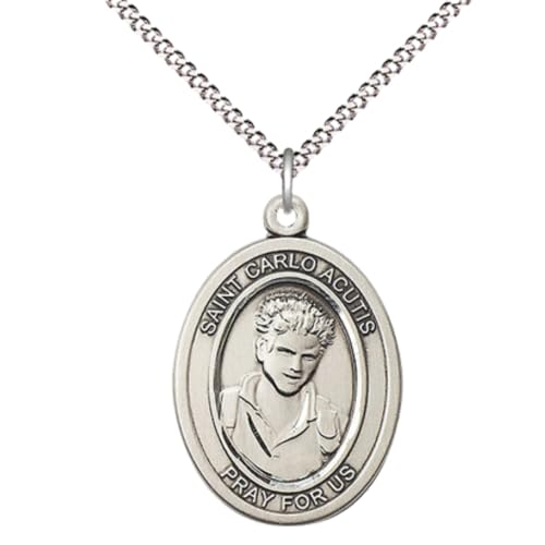 Women's Sterling Silver Saint Carlo Acutis Oval Medal Pendant on 18