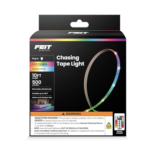 Image of Feit Electric 10ft Chasing & Tunable White LED Tape Light, Dimmable, RGB Colors, Cut-to-Fit, Linkable up to 40ft, Slim 0.4in Width, Indoor /Outdoor Plug-In Light Strip, Remote Controlled, TAPE120 /CHASE