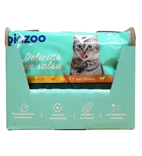 Biazoo- Pack 12 Unidades Comida húmeda para Gatos- Delicias fileteadas Pollo y Cordero Grain Free - 4 Pouches x 100 gr
