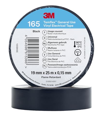 3M Temflex Cinta eléctrica de vinilo 165, color negro, 19 mm x 25 m, 10 rollos