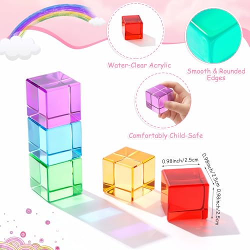 Image of Meooeck 16 Pcs Colored Acrylic Cube Gem Blocks with Wooden Storage Box, Translucent Rainbow Building Stacking Sensory Train Prims Toys for Toddler Kids Montessori School Classroom Supplies