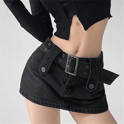 Women's High Waist Summer Denim Mini Skirt Wide Waistband Washed Denim Skirt3
