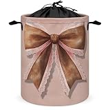 Cesta de lavandería con textura de mezclilla marrón con lazo de acuarela, cesta redonda plegable con cordón para ropa para dormitorio y baño